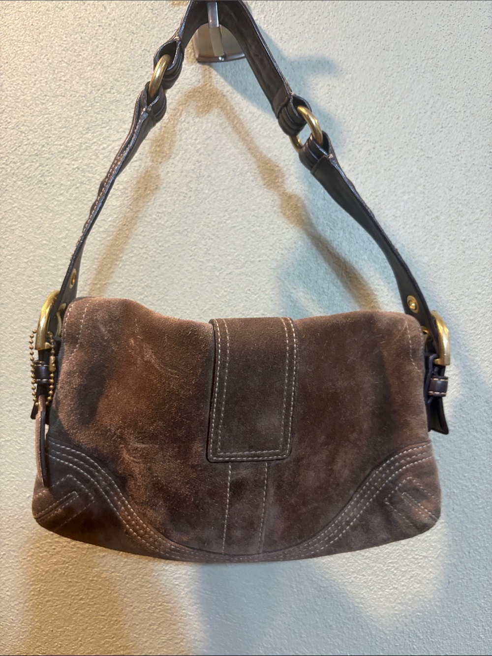 Coach Brown Suede Shoulder Bag with Brass Accents - Picture 6 of 9